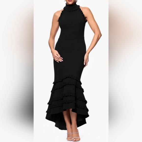 Xscape Dresses & Skirts - Size 16 Xscape Black High-Neck Ruffle-Hem Evening Gown.